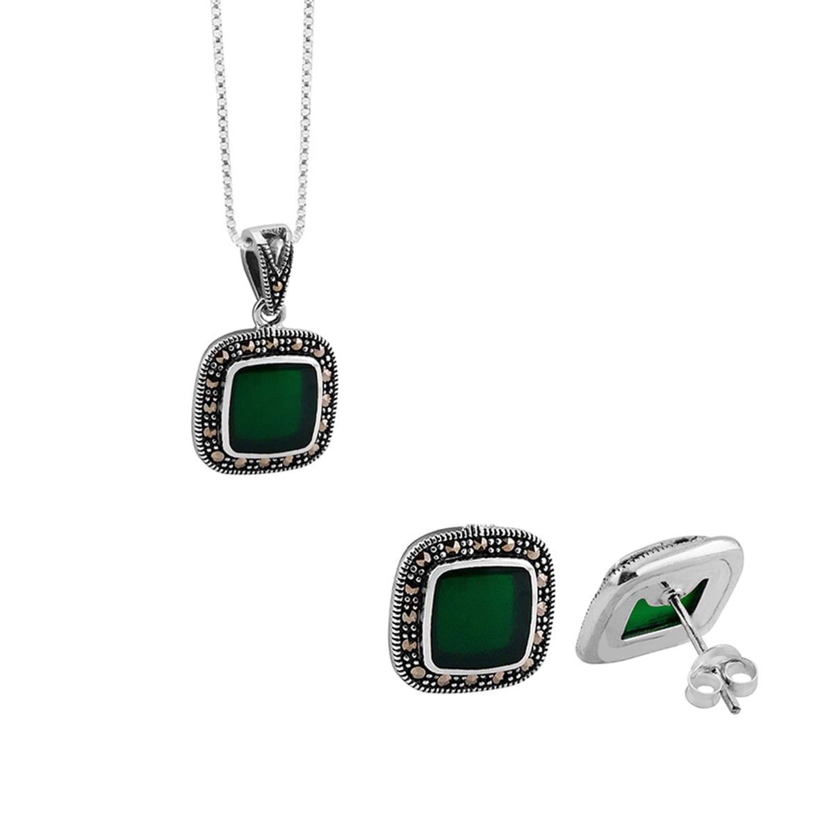 Conjunto Prata Quadrado com Marcassita e Pedra Esmeralda